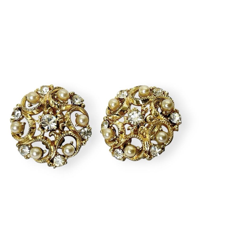 Star Jewelry Co Clip Earrings Gold Tone Rhinestones Simulated Pearls Retro 50s